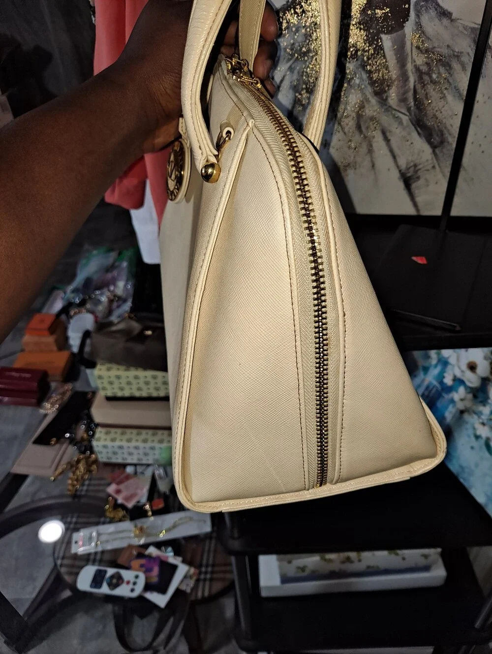 Valentino Garavani Cream Dome Satchel with Gold Medallion